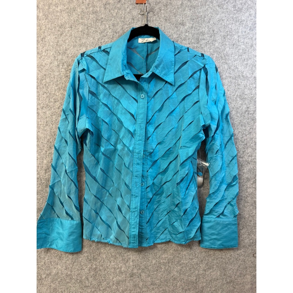 Zeeba Turquoise Blue Sheer Mesh Chevron Button Down Shirt Top Womens Medium NWT